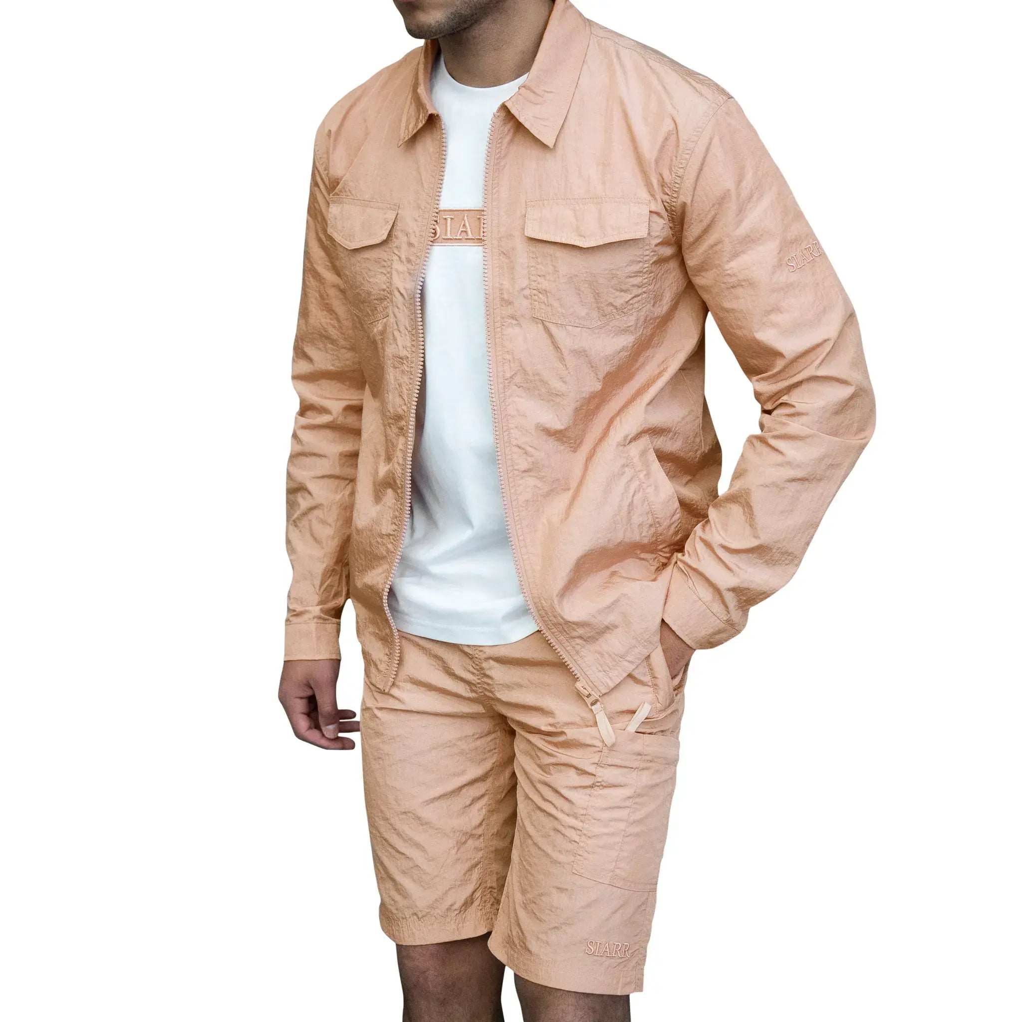 Model view of SIARR Crinkle Pink Overshirt